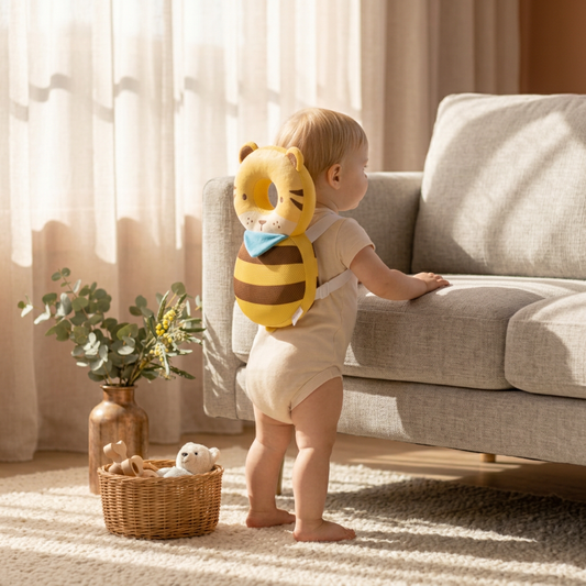 Bubee LittleGuardians SunnyTiger baby head protector worn by toddler pulling up to stand on couch in warm Australian winter living room