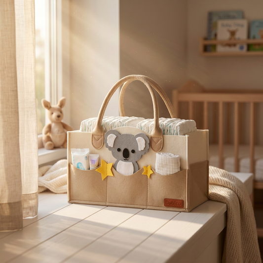 Koala nappy caddy stocked with nappies, wipes and muslin wraps on a nursery change table in warm winter light