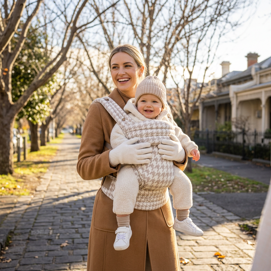 Mum wearing the Nest Carrier beige houndstooth with smiling baby on Melbourne winter tree-lined footpath