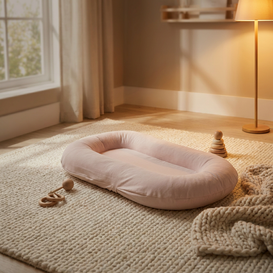 Signature Baby Lounger by Bubico on a chunky ivory knit rug in a cosy winter living room with warm amber lamp light
