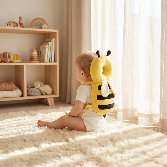 Bubee CozyCritters honeybee baby head protector worn by baby sitting in cosy winter nursery with warm light