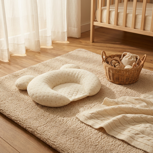 Cream bear-shaped baby flat head pillow on a sherpa rug in a warm winter nursery with soft window light — Australia