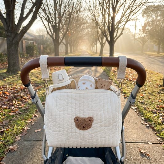 BearHug quilted pram caddy attached to a pram handlebar on a misty winter morning walk along a tree-lined suburban path in Australia