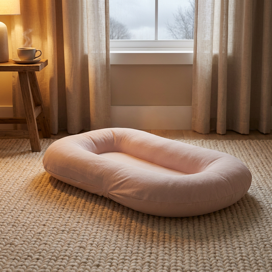 Signature Baby Lounger on a cosy winter living room rug with warm lamp light and steaming tea — Bubico Australia