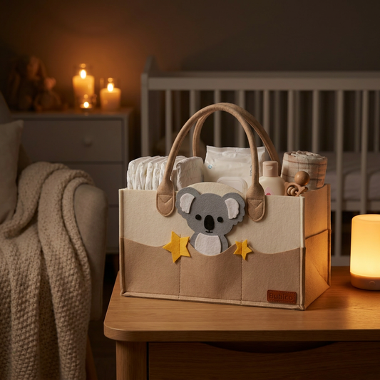 Koala nappy caddy on a timber bedside table in a cosy winter nursery with warm amber glow and white cot