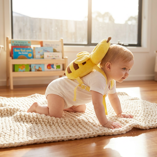 Baby crawling on cream knit rug wearing Bubee CozyCritters HoneyBee head protector in warm indoor nursery setting
