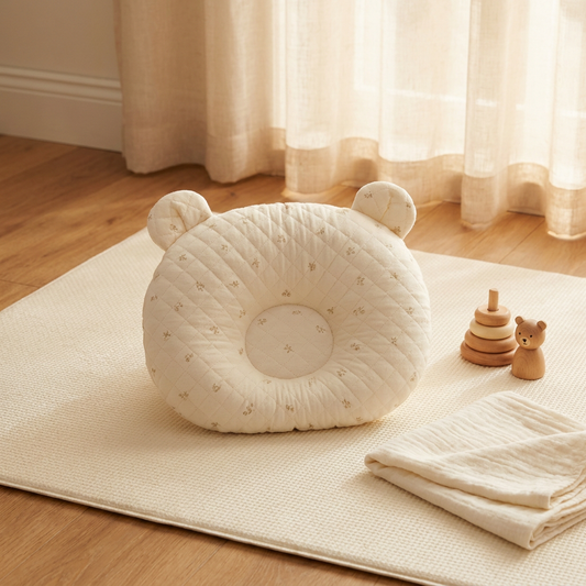 Bubico Baby Flat Head Pillow bear shape on cream play mat with wooden toys and muslin wrap, warm winter nursery light