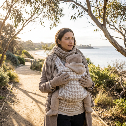 Mother wearing The Nest Carrier in beige houndstooth on a Melbourne bay-side winter morning walk