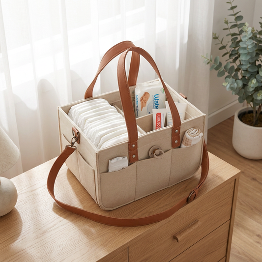 Luma nappy caddy stocked with nappies, wipes and baby essentials on a white oak nursery dresser with eucalyptus plant
