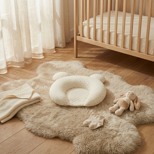 Baby flat head pillow in cream quilted fabric on sheepskin rug in cosy Australian nursery — Bubico