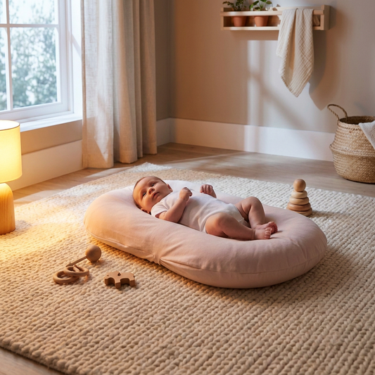 Newborn baby resting comfortably in blush Signature Baby Lounger on cream knit rug, warm winter nursery with lamp light and sheer curtains