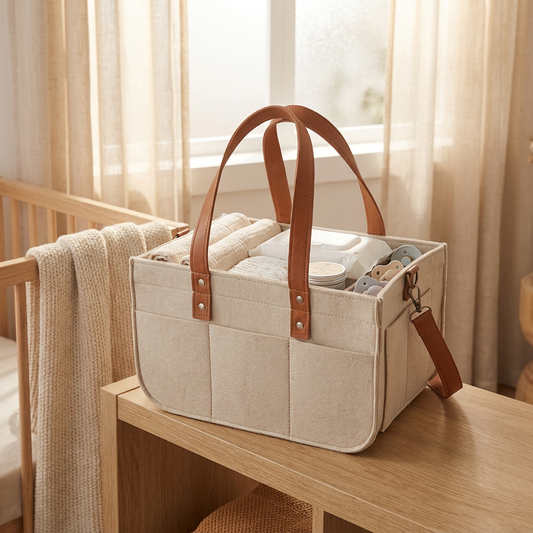 Luma nappy caddy filled with baby essentials on a nursery shelf beside a cot, warm winter light