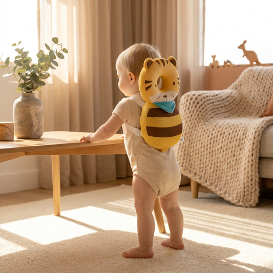 Toddler wearing Bubee LittleGuardians SunnyTiger baby head protector while practicing walking in a cosy Australian living room in winter