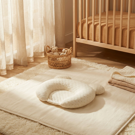 Bubico Baby Flat Head Pillow on a cream play mat in a warm winter nursery with rattan basket and wooden cot