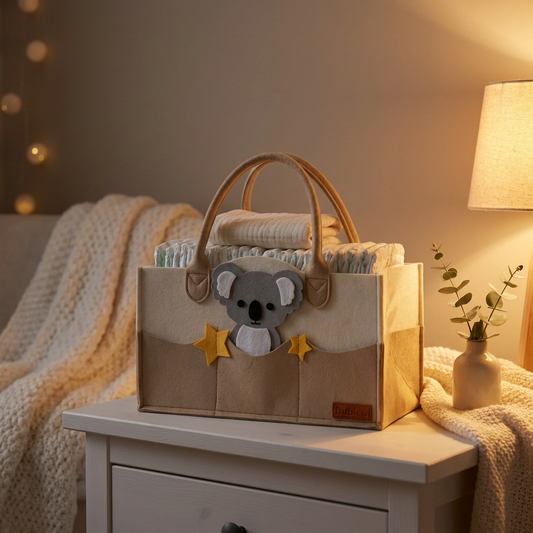 The Koala Nappy Caddy by Bubico sitting on a white bedside table in a cosy winter nursery, with warm lamp light, a chunky knit blanket and nappies stacked inside